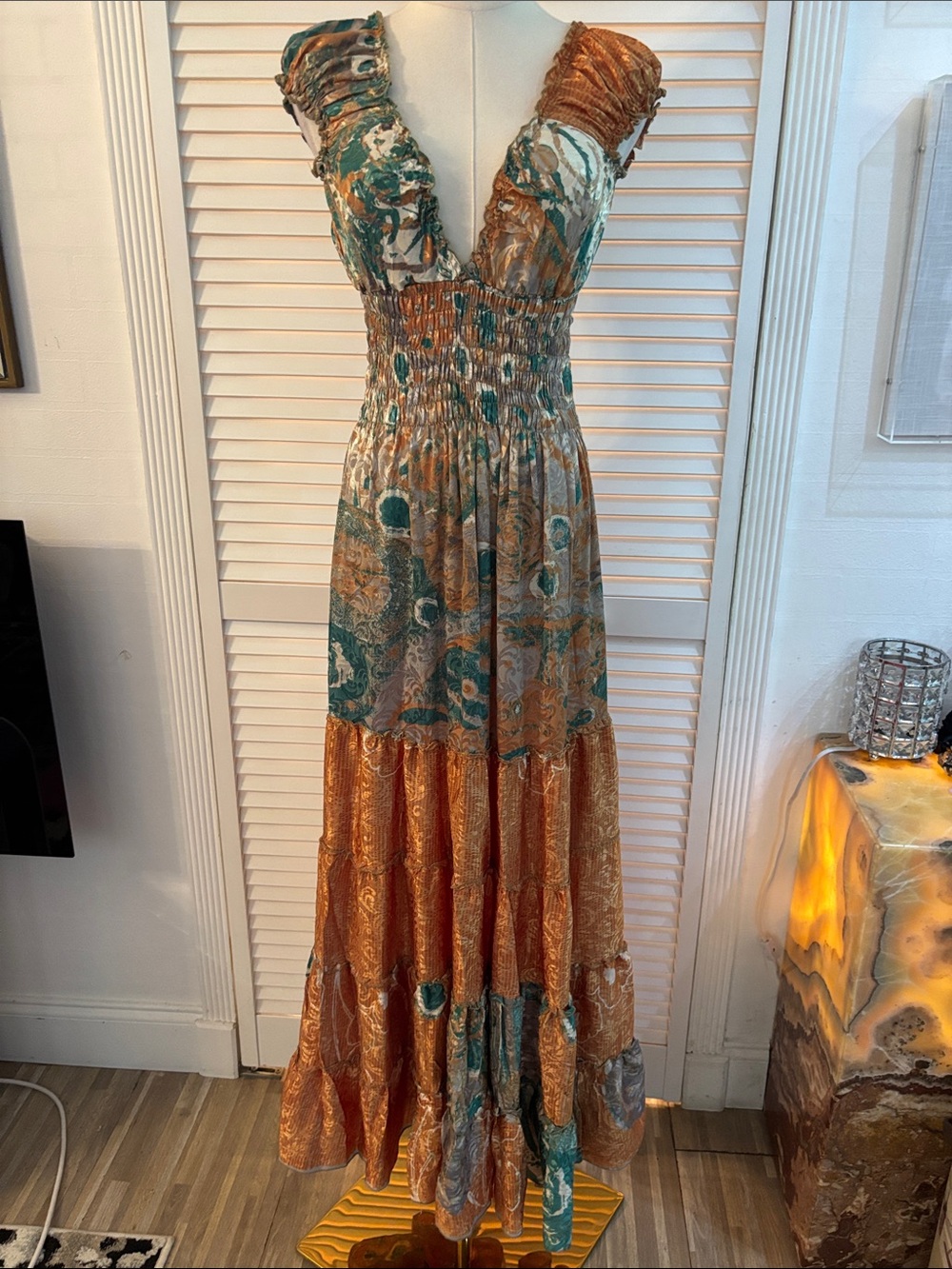 Anthropologie Paisley V-Neck Maxi Dress in Rust and Teal, S